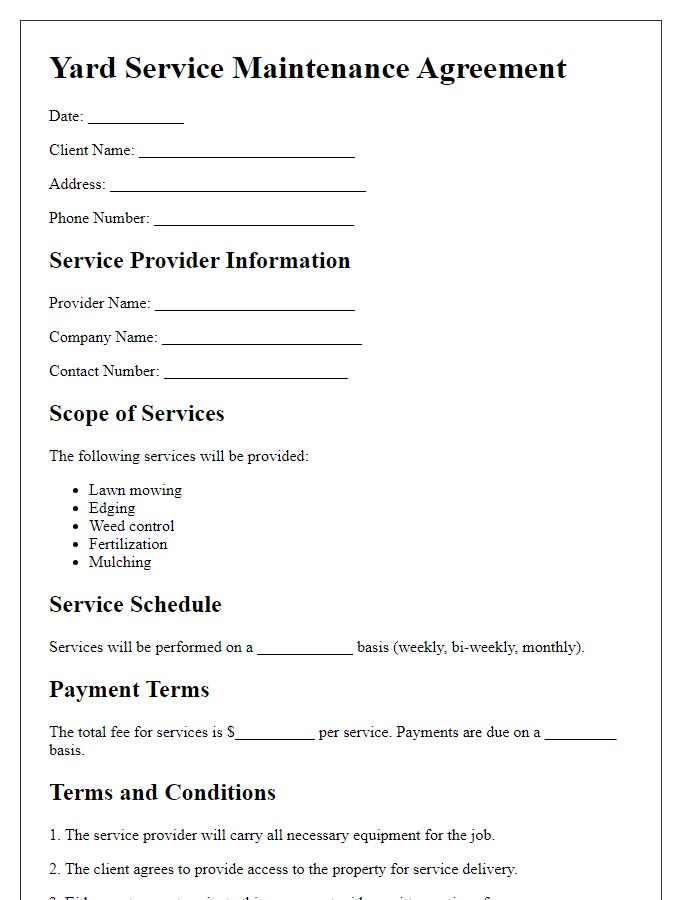 Letter template of yard service maintenance agreement.