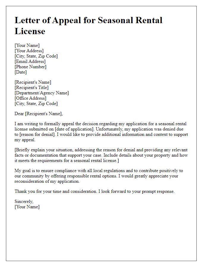 Letter template of appeal for seasonal rental license