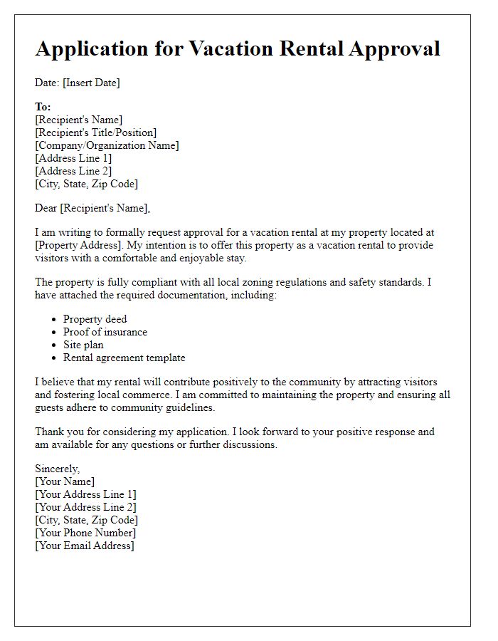 Letter template of application for vacation rental approval