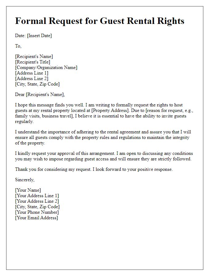 Letter template of formal request for guest rental rights