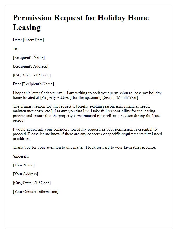 Letter template of permission request for holiday home leasing