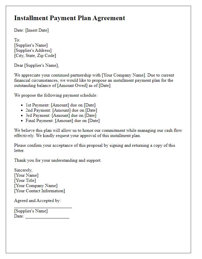 Letter template of installment payment plan for suppliers