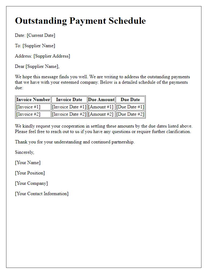 Letter template of outstanding payment schedule to suppliers