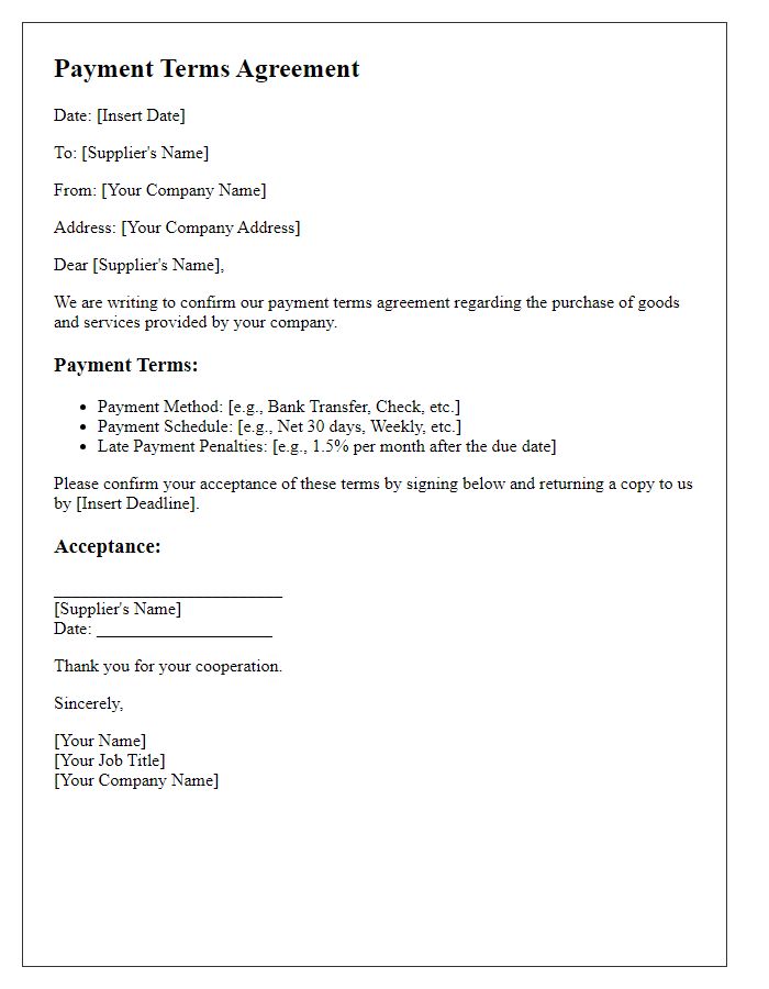 Letter template of payment terms agreement with suppliers