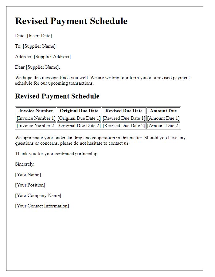 Letter template of revised payment schedule for suppliers