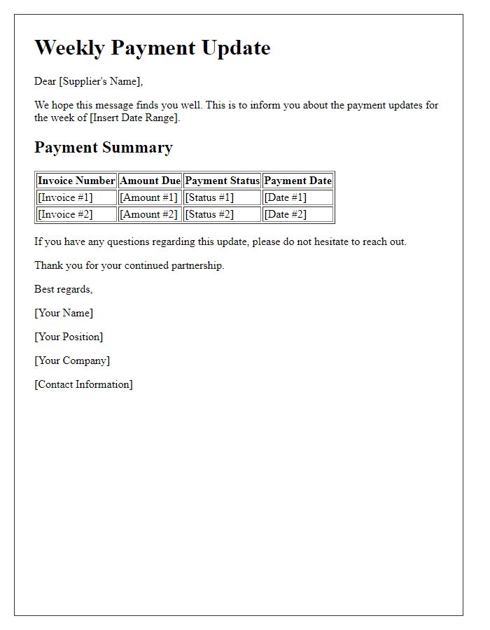 Letter template of weekly payment updates for suppliers