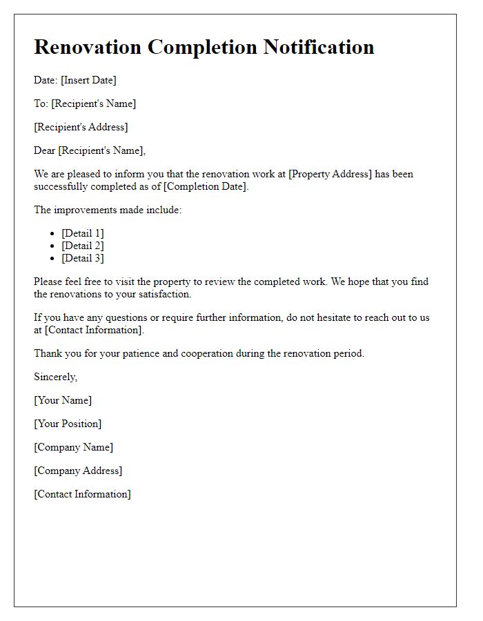 Letter template of renovation completion notification