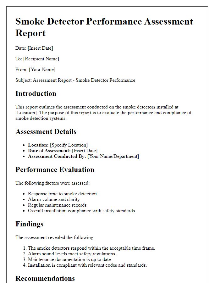 Letter template of assessment report for smoke detector performance