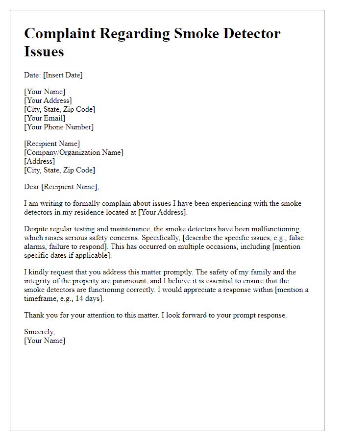 Letter template of complaint regarding smoke detector issues