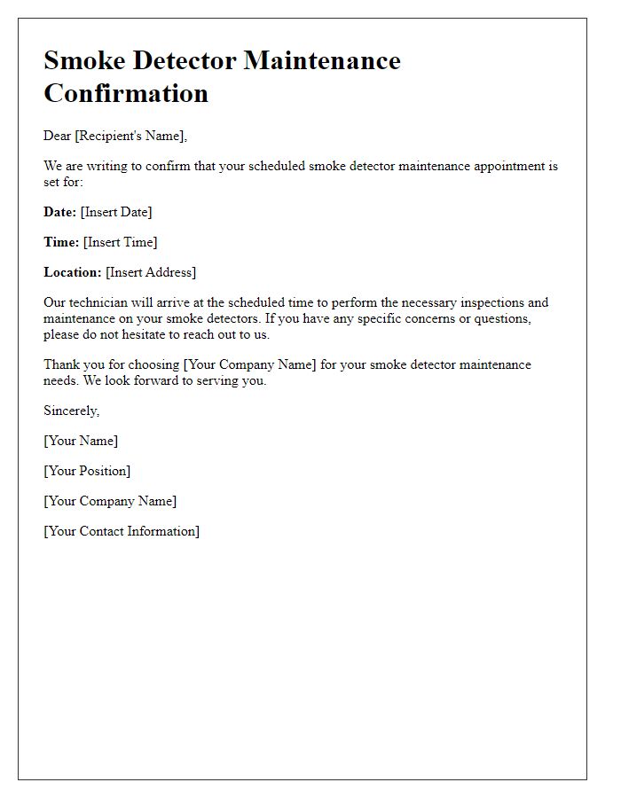 Letter template of confirmation for scheduled smoke detector maintenance