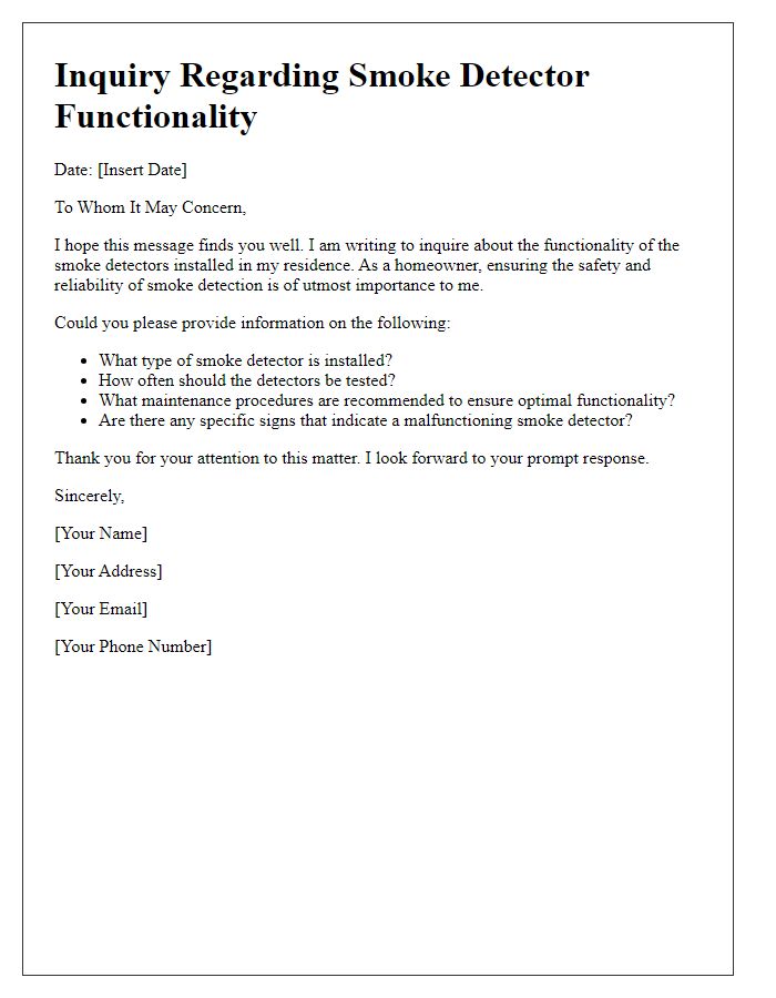 Letter template of inquiry about smoke detector functionality