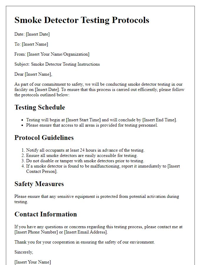 Letter template of instruction for smoke detector testing protocols