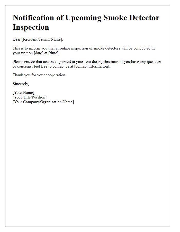 Letter template of notification for upcoming smoke detector inspection