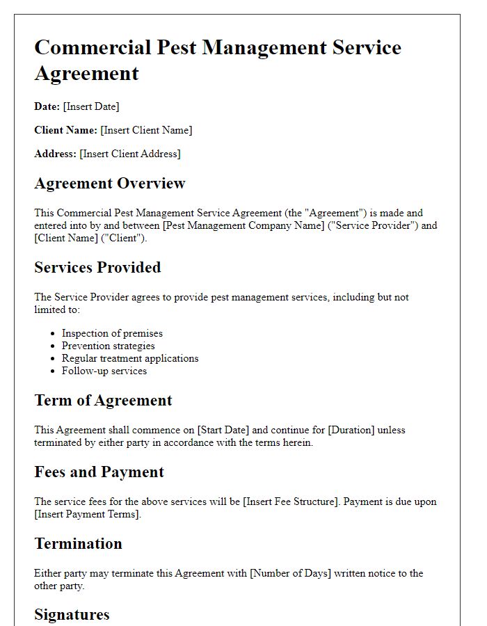 Letter template of commercial pest management service agreement.