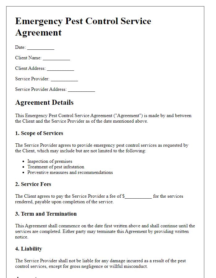 Letter template of emergency pest control service agreement.