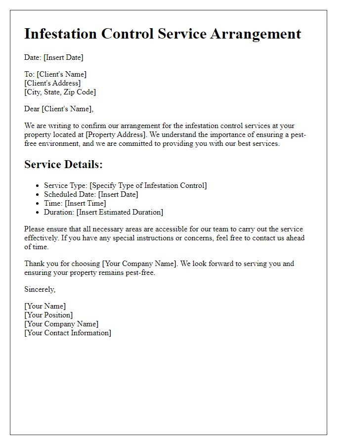 Letter template of infestation control service arrangement.