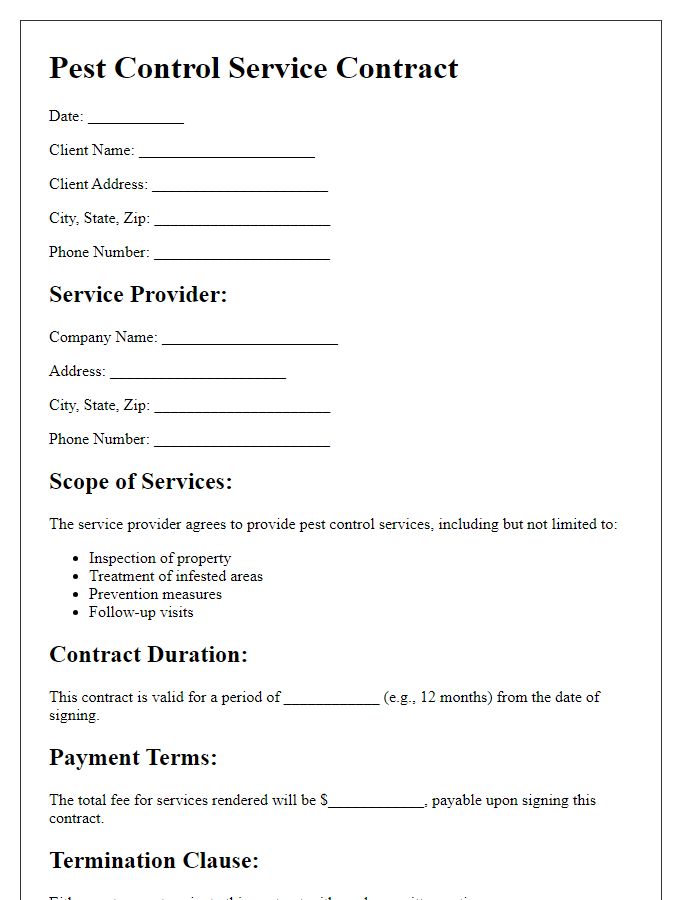 Letter template of pest control service contract.