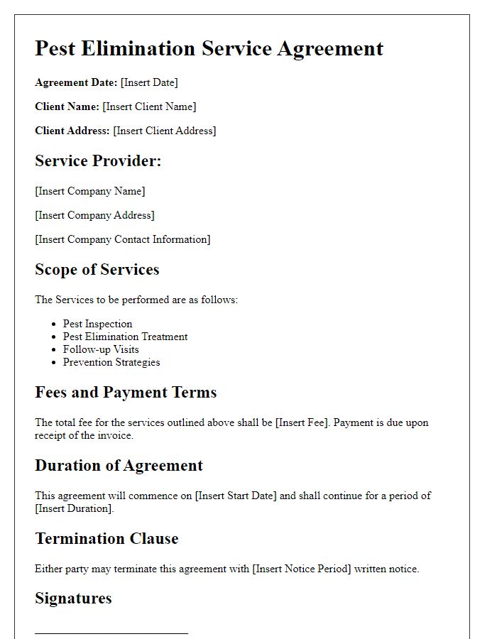 Letter template of pest elimination service agreement.