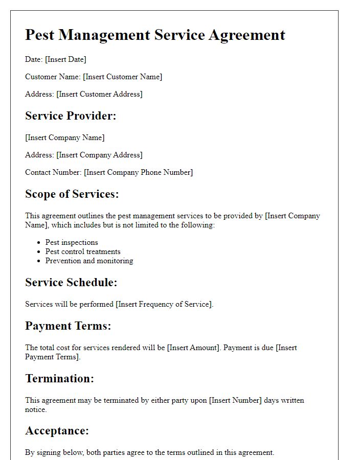 Letter template of pest management service agreement.