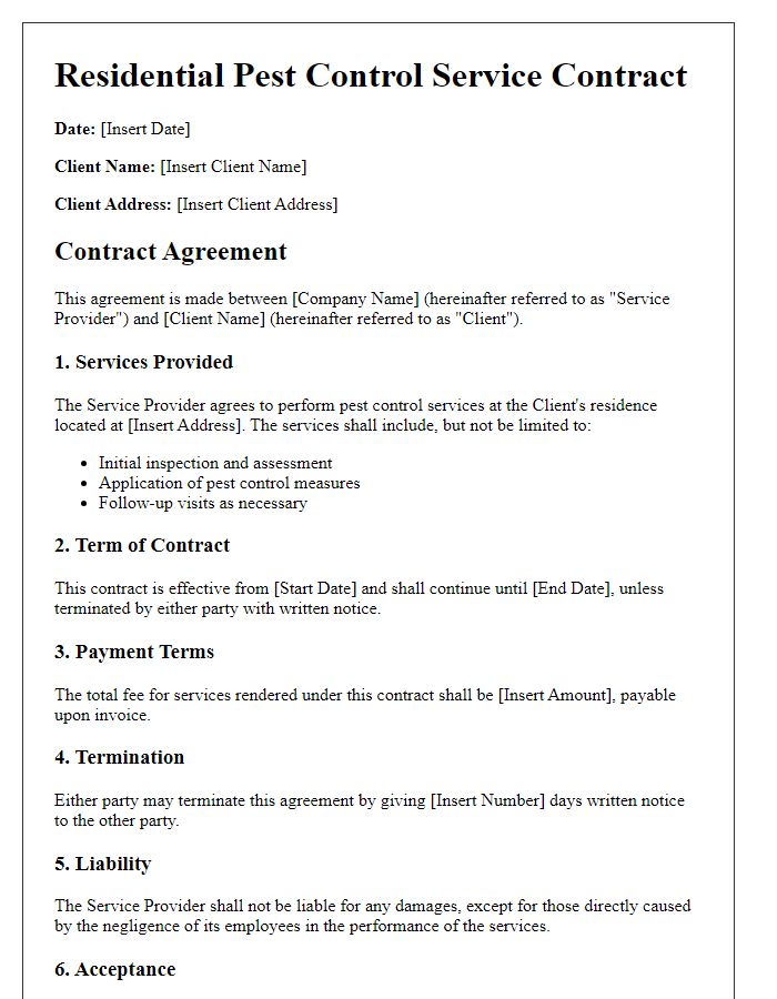 Letter template of residential pest control service contract.