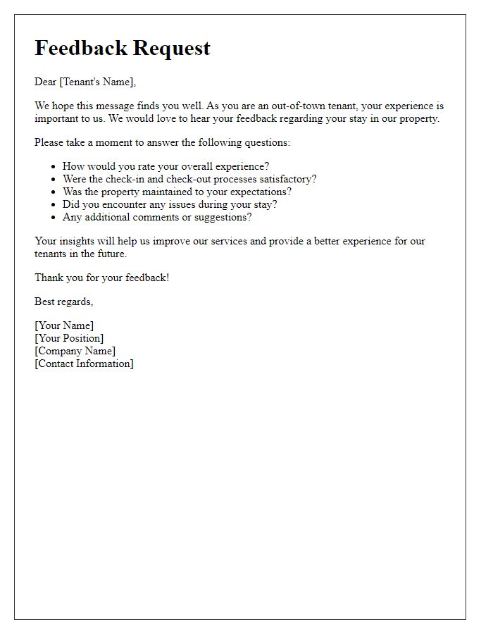 Letter template of feedback request for out-of-town tenant experience