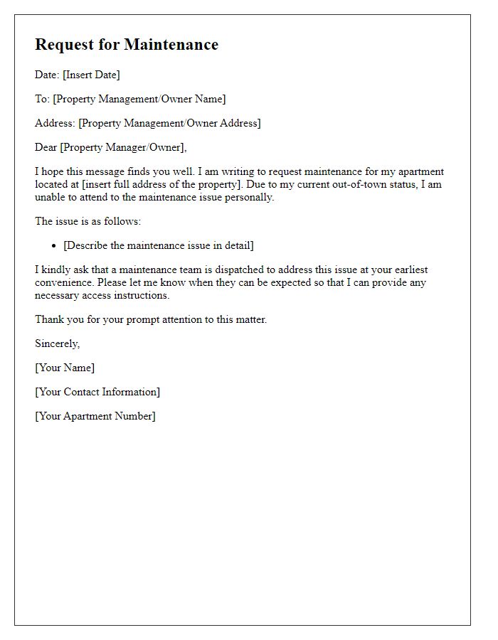 Letter template of request for out-of-town tenant maintenance