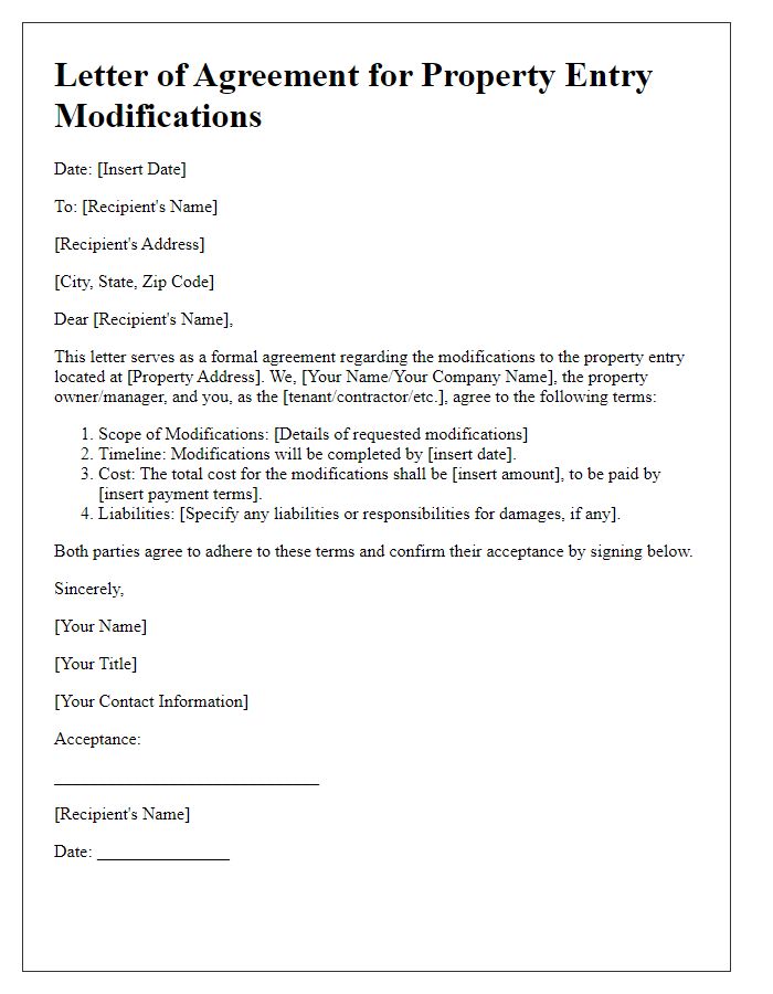 Letter template of agreement for property entry modifications