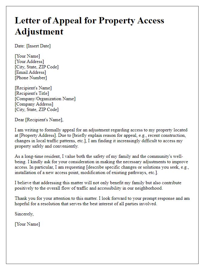 Letter template of appeal for property access adjustment