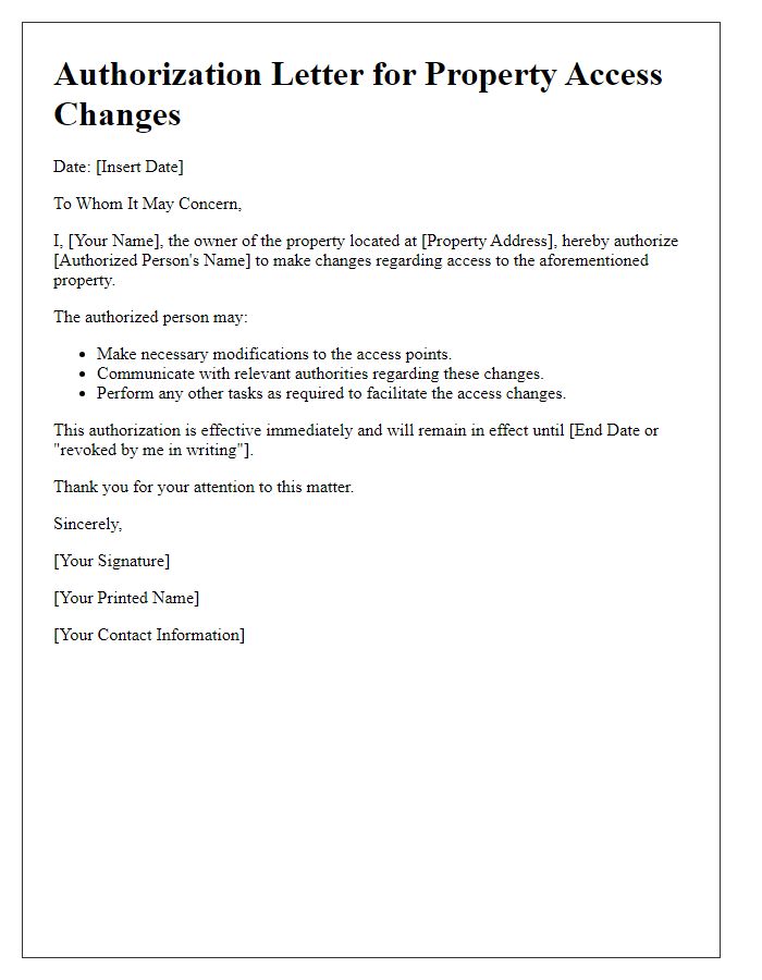 Letter template of authorization for property access changes