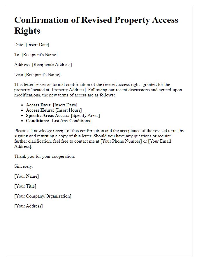 Letter template of confirmation for revised property access rights