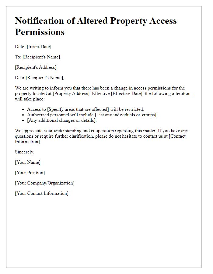 Letter template of notification for altered property access permissions
