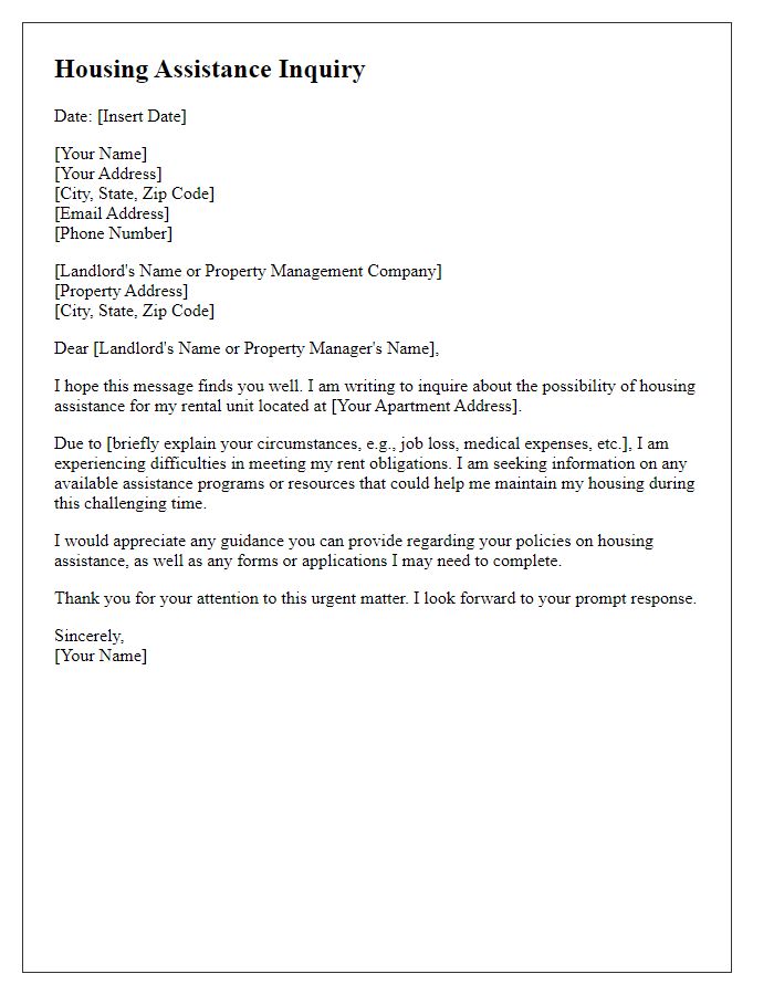 Letter template of tenants housing assistance inquiry