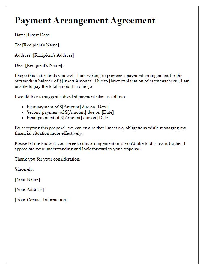 Letter template of divided payment arrangement