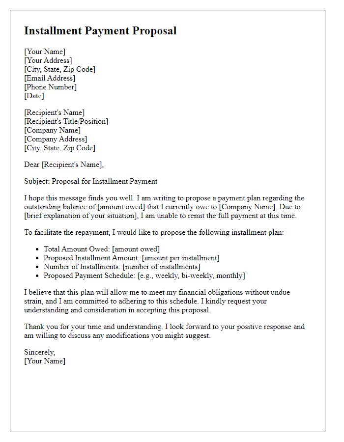 Letter template of installment payment proposal