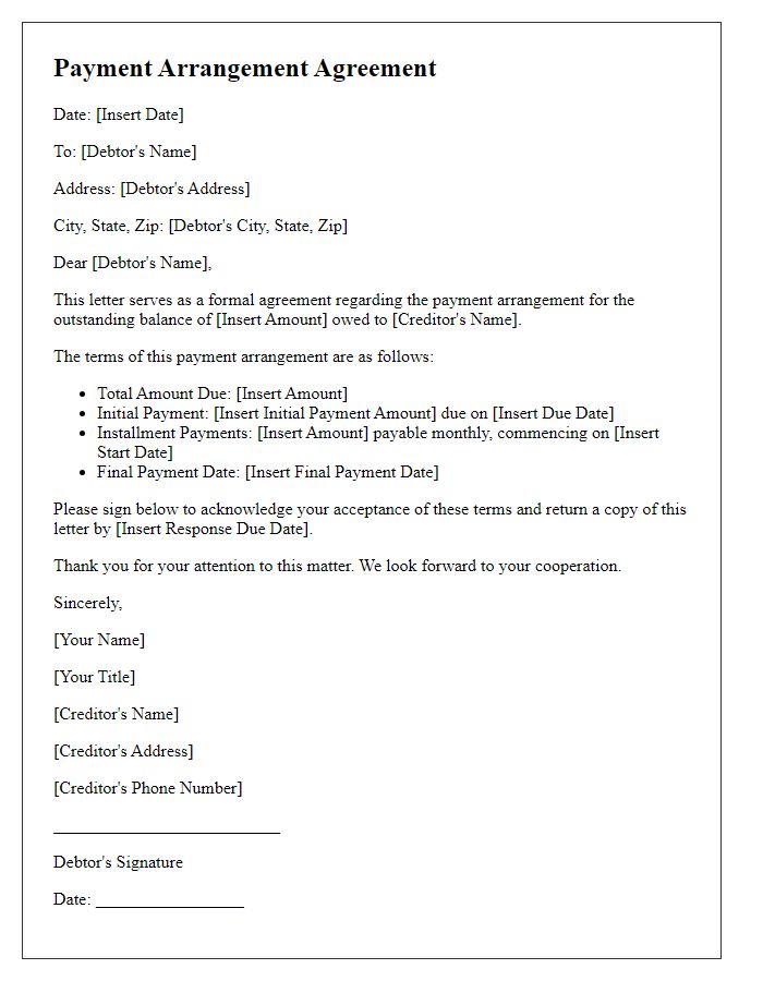 Letter template of payment arrangement agreement