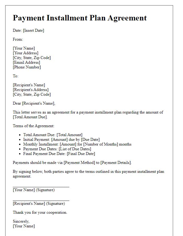 Letter template of payment installment plan agreement