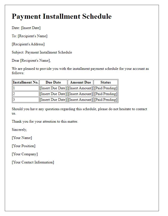 Letter template of payment installment schedule