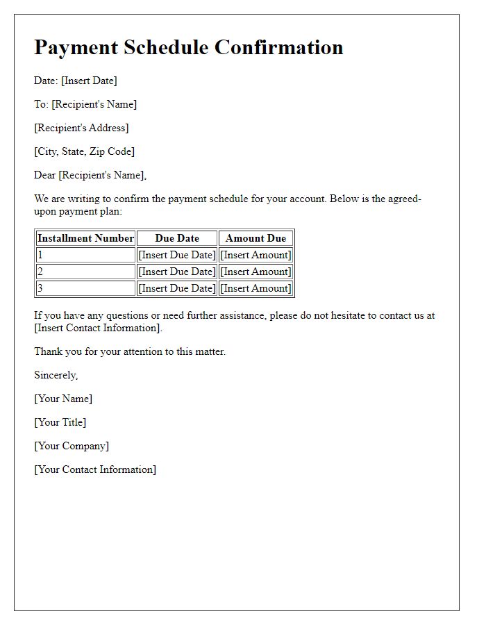 Letter template of payment schedule confirmation