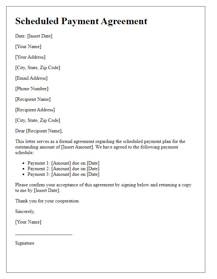 Letter template of scheduled payment agreement