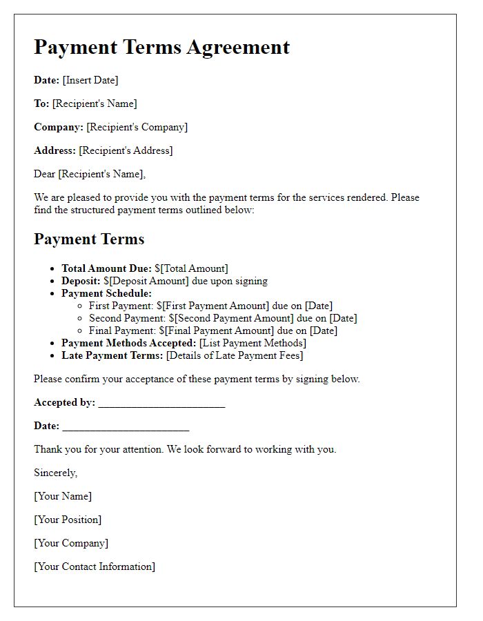 Letter template of structured payment terms