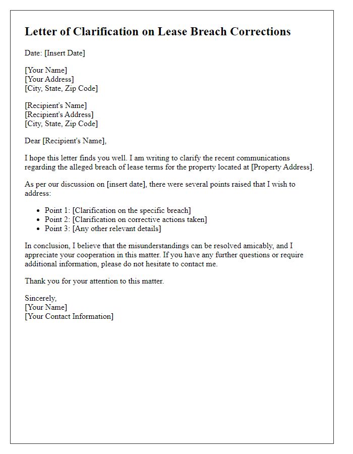 Letter template of Clarification on Lease Breach Corrections