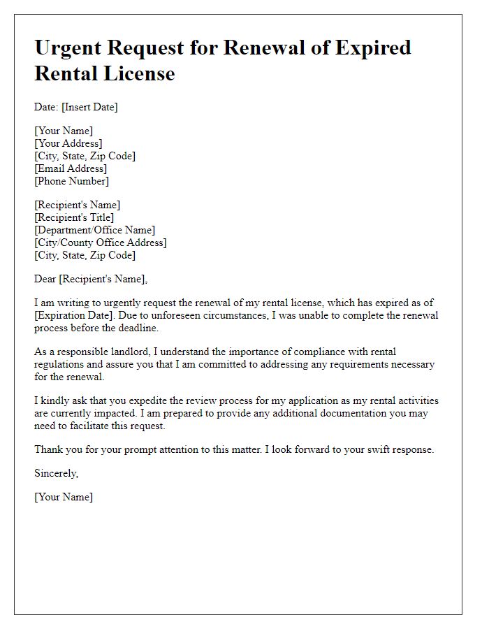 Letter template of urgent request for expired rental license renewal.