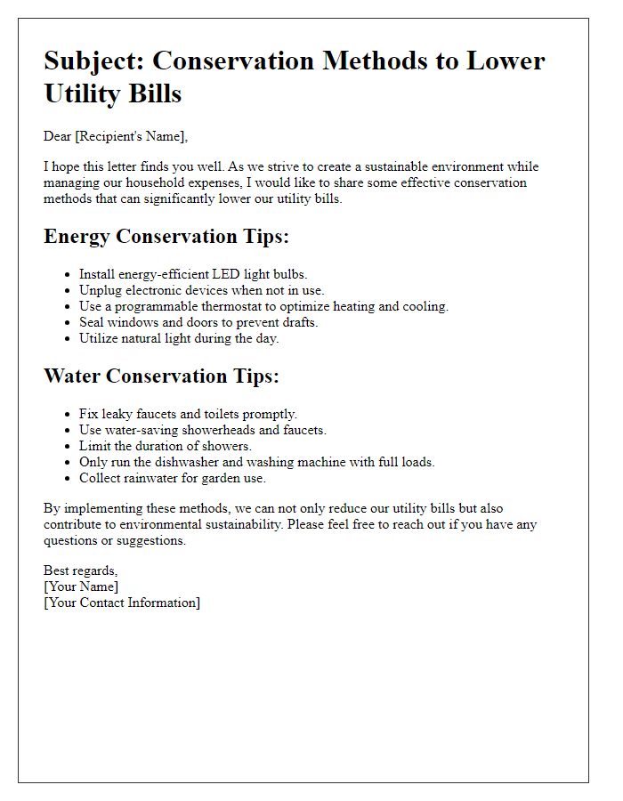 Letter template of conservation methods to lower utility bills