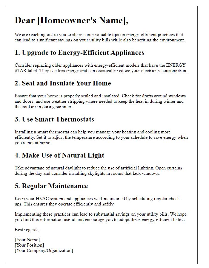 Letter template of energy-efficient practices for home utility savings