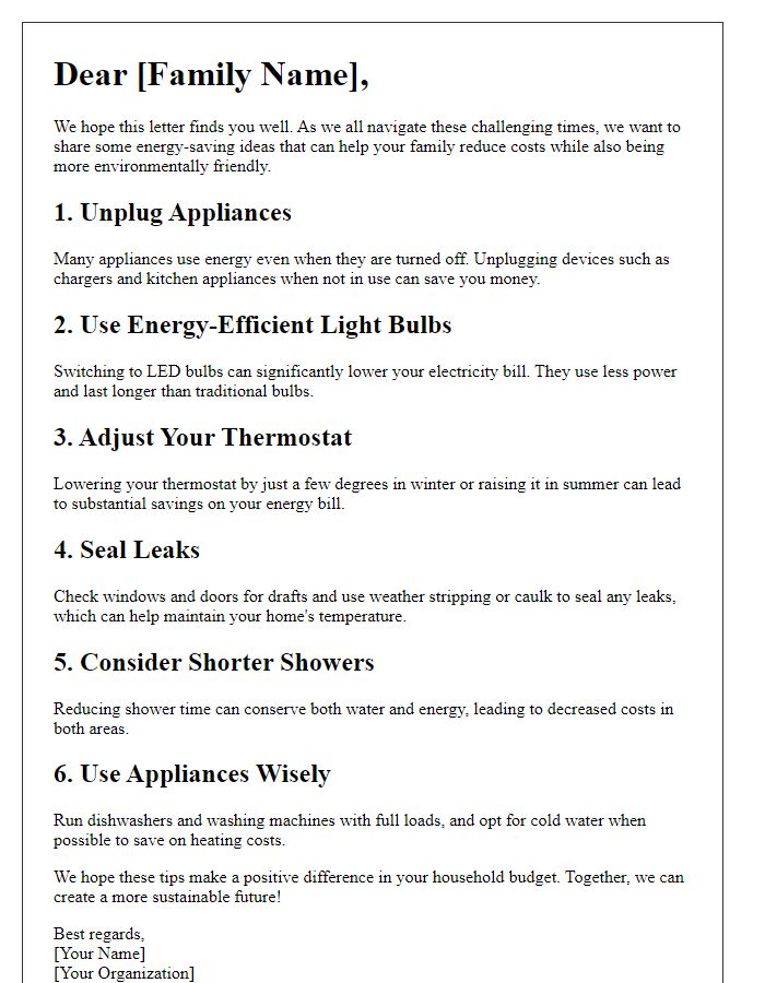 Letter template of energy-saving ideas for families on a budget