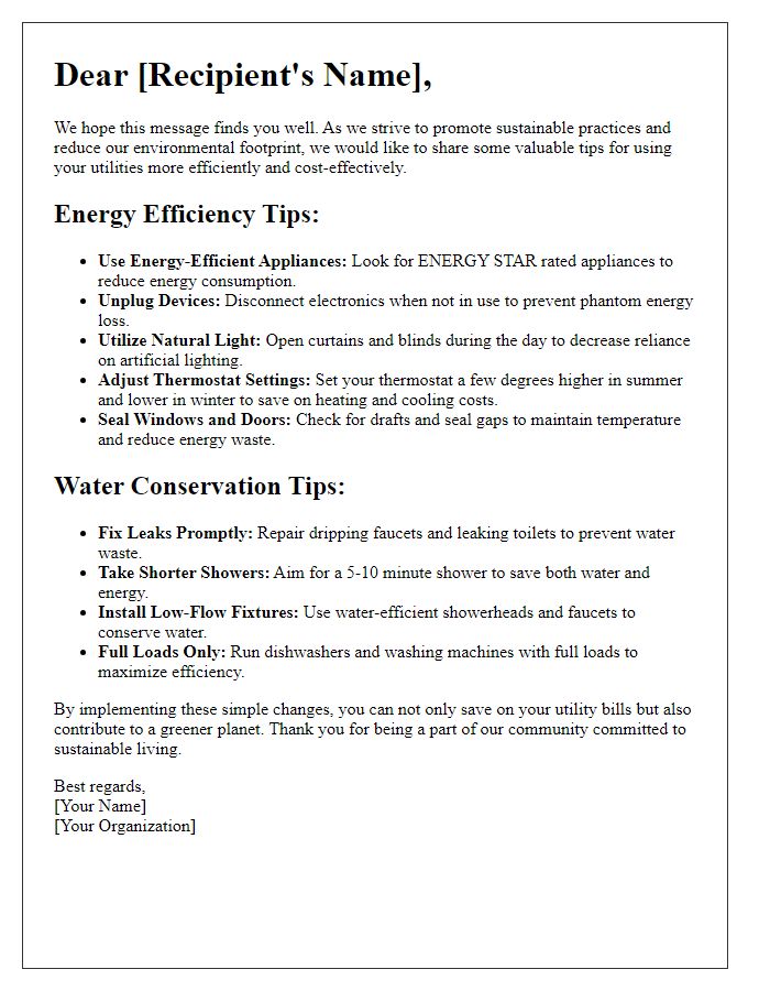 Letter template of green energy tips for cost-effective utility usage