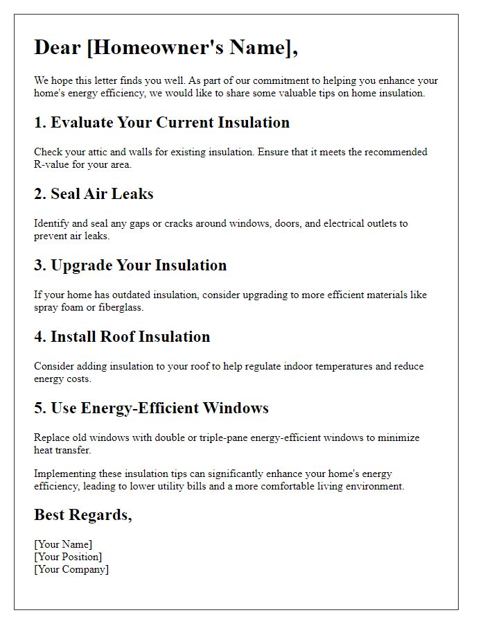 Letter template of home insulation tips for enhancing energy efficiency