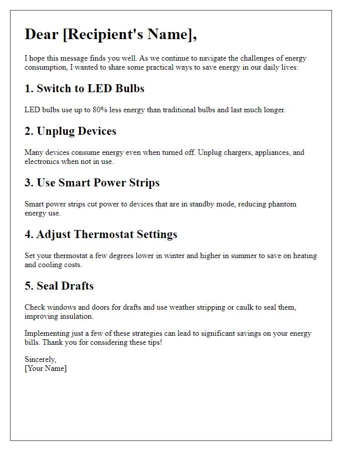 Letter template of practical ways to save on energy consumption