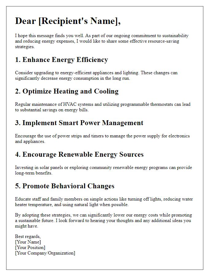 Letter template of resource-saving strategies for lower energy expenses