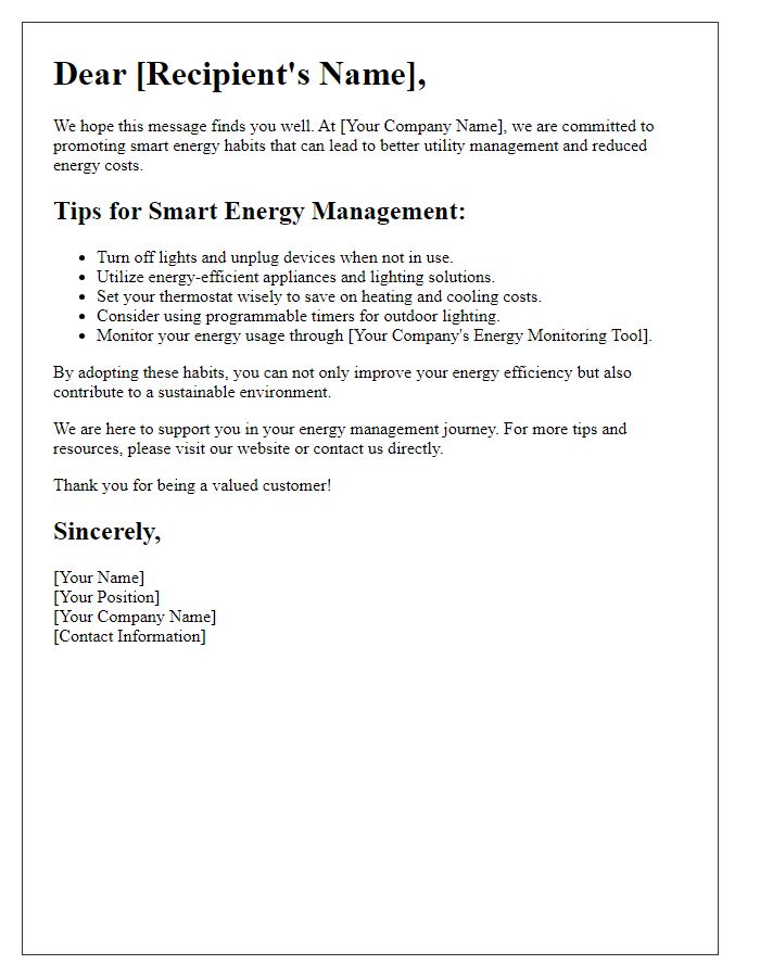 Letter template of smart energy habits for better utility management